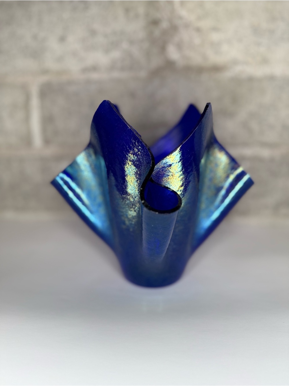 Cobalt Blue Iridescent Art Glass Vase Ruffled Freeform Bowl 7” Studio Style
